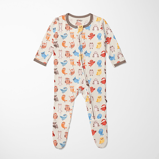 Bamboo Footie with 2-Way Zipper - Natural Owls