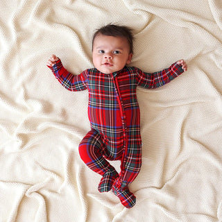 Bamboo Footie with 2-Way Zipper - Red Tartan Plaid
