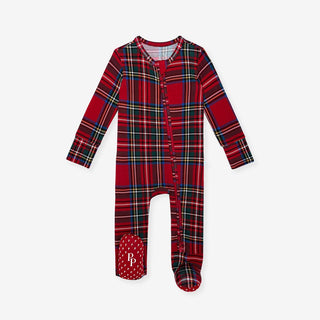 Bamboo Footie with 2-Way Zipper - Red Tartan Plaid