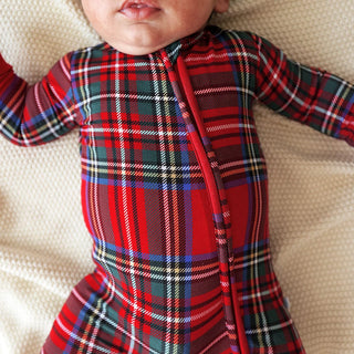 Bamboo Footie with 2-Way Zipper - Red Tartan Plaid