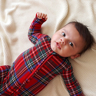 Bamboo Footie with 2-Way Zipper - Red Tartan Plaid