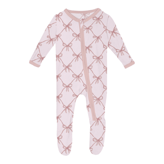 Bamboo Footie with 2-Way Zipper - Shrinking Violet Bow Lattice KicKee Pants Size: 0-3 Months