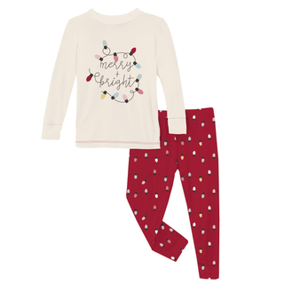 Bamboo Long Sleeve Graphic Tee Pajama Set - Crimson Holiday Lights KicKee Pants Size: 2T
