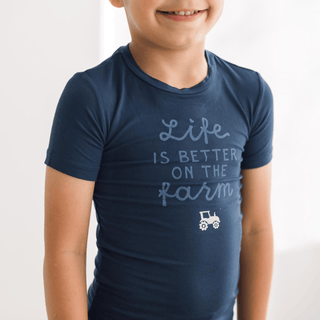 Bamboo Short Sleeve Graphic Tee Pajama Set - Denim Tractors & Windmills KicKee Pants Size: 2T