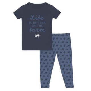 Bamboo Short Sleeve Graphic Tee Pajama Set - Denim Tractors & Windmills KicKee Pants Size: 2T