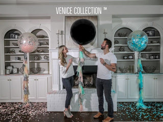 36 in Black Gender Reveal Balloon filled with Designer Pink or Blue ConfettiBaby RiddleConfetti Color Combination: Poof BlueAccent Color: No Accent Color