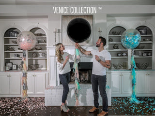 36 in Black Gender Reveal Balloon filled with Designer Pink or Blue ConfettiBaby RiddleConfetti Color Combination: Poof BlueAccent Color: No Accent Color