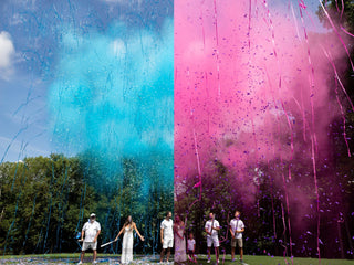 32" Push-Button Gender Reveal Popper – Assorted Pink & Blue Colors, Unique Confetti Powder Streamer Mix for Stunning Gender Reveal Ideas Party Supplies Baby Riddle Primary color: Pink Assortment Size & Contents: 12" Powder Only