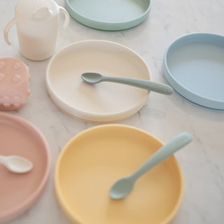 Silicone Feeding Spoons 2-Packsilicone tablewareMushieColor: Cambridge Blue/Shifting Sand