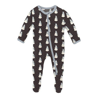 Boy's Print Bamboo Footie with 2-Way Zipper - Midnight Tiny Snowman KicKee Pants Size: 0-3 Months