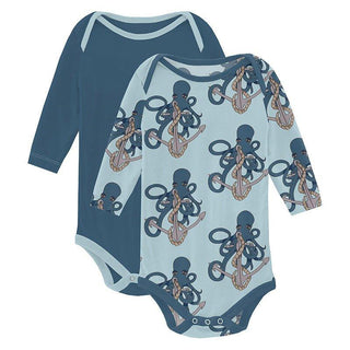 Boy's Print Bamboo Long Sleeve One Piece (Set of 2) - Spring Sky Octopus Anchor & Deep Sea Baby One-Pieces