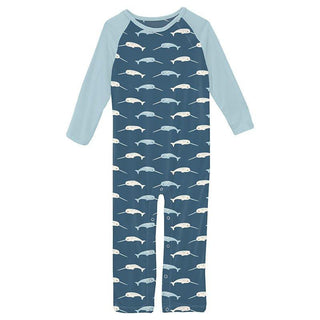 Boy's Print Bamboo Long Sleeve Raglan Romper - Deep Sea Narwhal Baby One-Pieces