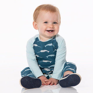 Boy's Print Bamboo Long Sleeve Raglan Romper - Deep Sea Narwhal Baby One-Pieces