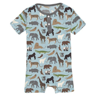 Boy's Print Bamboo Short Sleeve Henley Romper - Spring Sky Zoo Baby One-Pieces