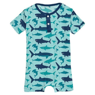 Boy's Print Bamboo Short Sleeve Henley Romper - Summer Sky Shark Week Baby One-Pieces