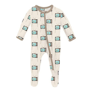 Boy's Print Bamboo Footie with Zipper - Natural Vintage TV Baby & Toddler Sleepwear