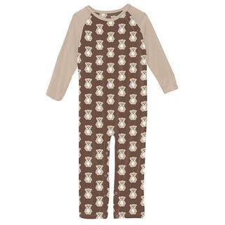 Boy's Print Bamboo Long Sleeve Raglan Romper - Cocoa Teddy Bear Baby One-Pieces