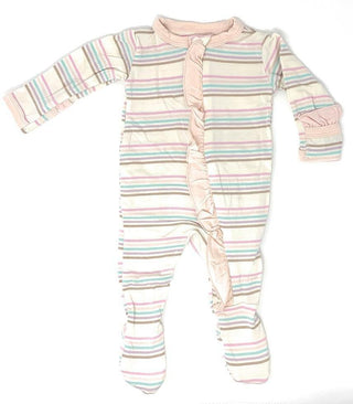 Custom Bamboo Classic Ruffle Footie with Zipper - Cupcake Stripe with Macaroon Trim Baby & Toddler Sleepwear