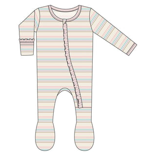 Custom Bamboo Classic Ruffle Footie with Zipper - Cupcake Stripe with Macaroon Trim Baby & Toddler Sleepwear