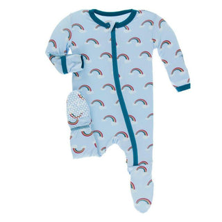 Custom Print Bamboo Footie with Zipper - Pond Rainbow with Heritage Blue Trim Baby & Toddler Sleepwear