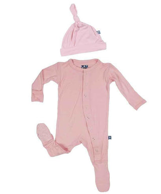 Solid Bamboo Footie & Single Knot Hat Gift Set, Lotus Baby & Toddler Sleepwear