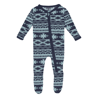 Bamboo Footie with 2-Way Zipper - Peacoat Mayan PrintKicKee PantsSize: Newborn
