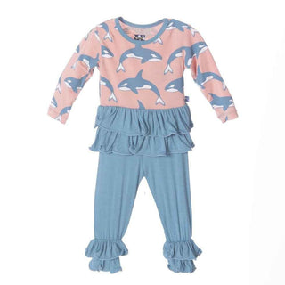 Girl's Bamboo Long Sleeve Double Ruffle Outfit Set, Blush Orca Baby & Toddler Outfits