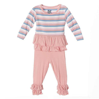 Girl's Bamboo Long Sleeve Double Ruffle Outfit Set, Girl Salty Seas Stripe Baby & Toddler Outfits