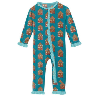 Girl's Print Bamboo Classic Ruffle Coverall with Zipper - Bay Gingerbread KicKee Pants Size: 3-6 Months