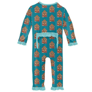 Girl's Print Bamboo Classic Ruffle Coverall with Zipper - Bay Gingerbread KicKee Pants Size: 3-6 Months