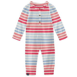 Girl's Print Bamboo Knitted Henley Romper - Cotton Candy Stripe Baby One-Pieces
