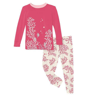 Girl's Print Bamboo Long Sleeve Graphic Tee Pajama Set - Natural Coral (15ANV) Baby & Toddler Sleepwear KicKee Pants Size: 2T