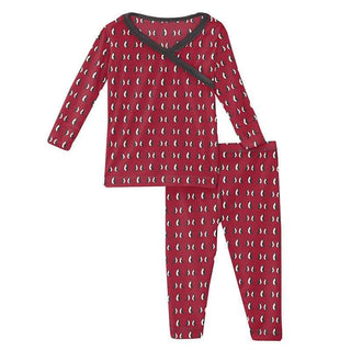 Girl's Print Bamboo Long Sleeve Scallop Kimono Pajama Set - Crimson Penguins KicKee Pants Size: 6-12 Months