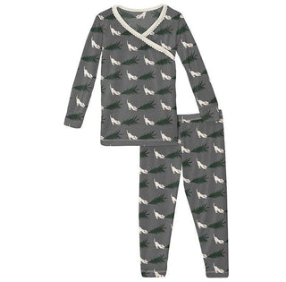 Girl's Print Bamboo Long Sleeve Scallop Kimono Pajama Set - Pewter Christmas Tree Drag Baby & Toddler Sleepwear