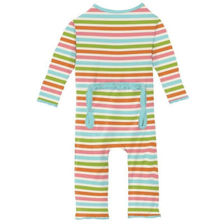 Girl's Print Bamboo Muffin Ruffle Coverall with Zipper - Beach Day Stripe KicKee Pants Size: 9-12 Months