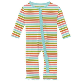 Girl's Print Bamboo Muffin Ruffle Coverall with Zipper - Beach Day Stripe KicKee Pants Size: 9-12 Months