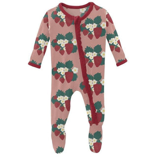 Girl's Print Muffin Ruffle Footie with Zipper - Blush Strawberry Farm Baby & Toddler Sleepwear