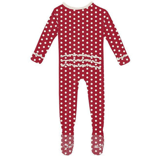 Girl's Print Bamboo Muffin Ruffle Footie with Zipper - Candy Apple Polka Dots Baby & Toddler Sleepwear