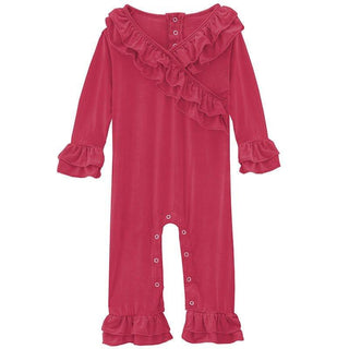 Girl's Solid Bamboo Long Sleeve Kimono Double Ruffle Romper - Taffy Baby One-Pieces