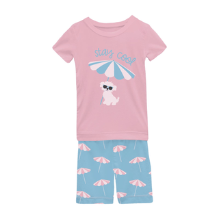 Bamboo Short Sleeve Graphic Tee Pajama Set with Shorts - Seaside Blue Beach Umbrellas KicKee Pants Size: 2T