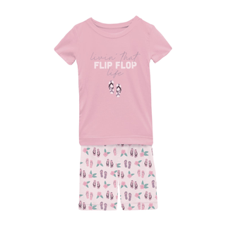 Bamboo Short Sleeve Graphic Tee Pajama Set with Shorts - Shrinking Violet Flip Flops and Flowers KicKee Pants Size: 2T