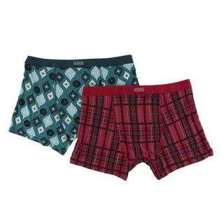 Holiday Men's Bamboo Boxer Brief Set, Christmas Plaid & Cedar Vintage Ornaments Underwear