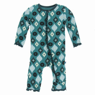 Holiday Print Bamboo Muffin Ruffle Coverall with Snaps - Cedar Vintage Ornaments Baby & Toddler Sleepwear