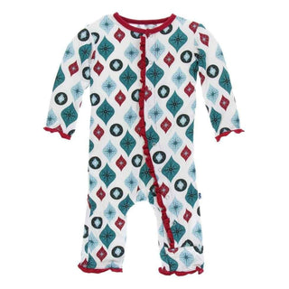 Holiday Print Bamboo Muffin Ruffle Coverall with Snaps - Natural Vintage Ornaments Baby & Toddler Sleepwear