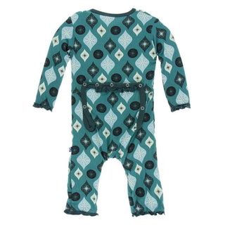 Holiday Print Bamboo Muffin Ruffle Coverall with Zipper - Cedar Vintage Ornaments KicKee Pants Size: 3-6 Months