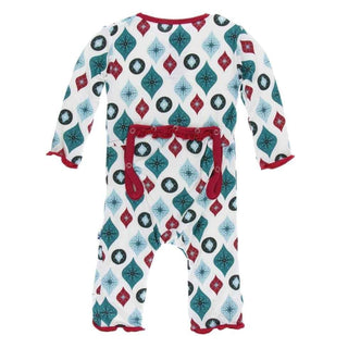 Holiday Print Bamboo Muffin Ruffle Coverall with Zipper - Natural Vintage OrnamentsKicKee PantsSize: 3-6 Months