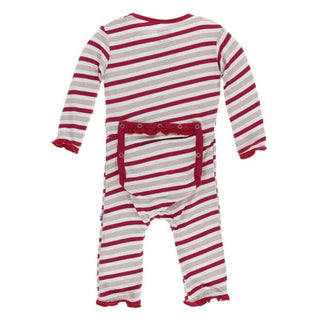 Holiday Print Bamboo Muffin Ruffle Coverall with Zipper - Rose Gold Candy Cane Stripe Baby & Toddler Sleepwear