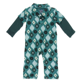 Holiday Bamboo Long Sleeve Double Layer Polo Romper - Cedar Vintage Ornaments Baby One-Pieces