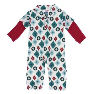 Holiday Bamboo Long Sleeve Double Layer Polo Romper - Natural Vintage Ornaments Baby One-Pieces