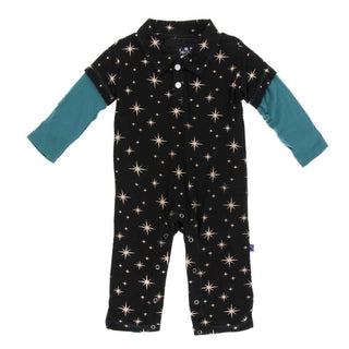 Holiday Bamboo Long Sleeve Double Layer Polo Romper - Rose Gold Bright Stars Baby One-Pieces